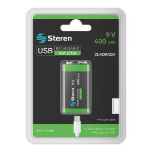 Bateria recargable Cuadrada 9v USB 400 mah con su cable para carga auto recargable
