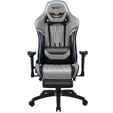 BROCS, Silla Gamer BR6010, Apoya Pies, Gris/Negra, orilla detalle azul, Reclinable